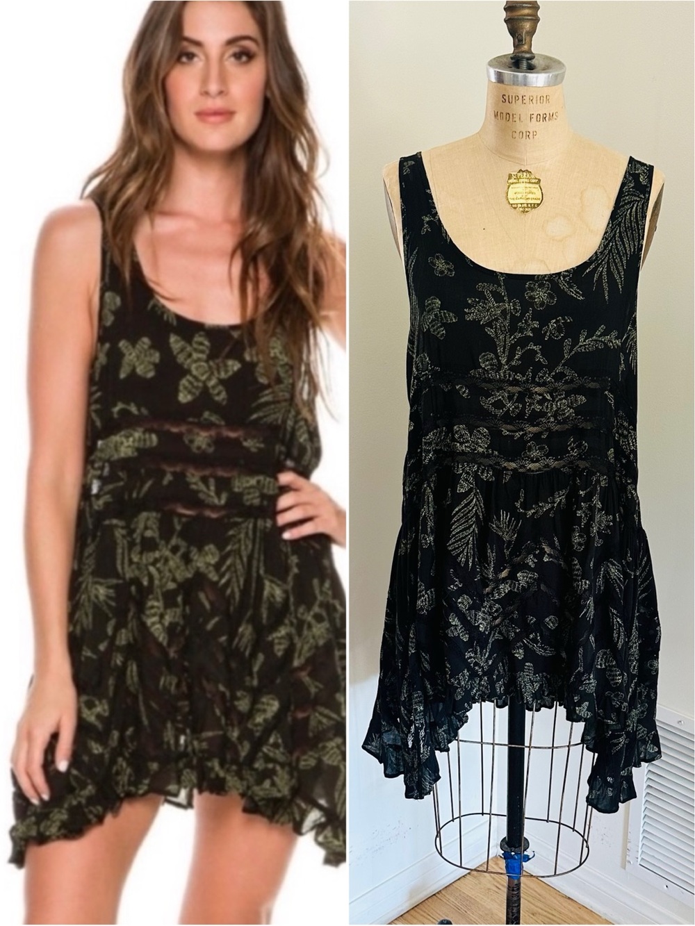 FREE PEOPLE Voile & Lace Trapeze Slip Dress in Black w/ Green Floral, M/L